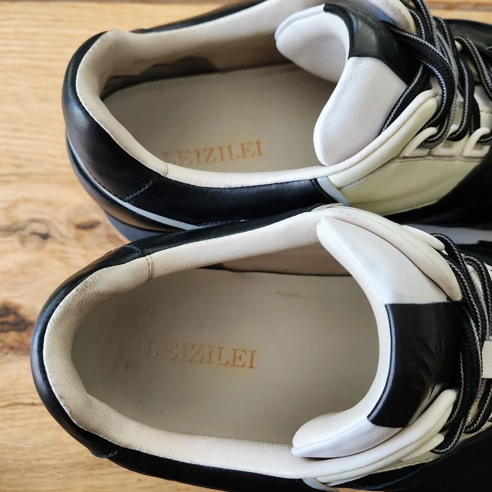 RARE Leizilei Calf Leather Sneakers Mens Size 12 Black White Platform Shoes Y2k‎